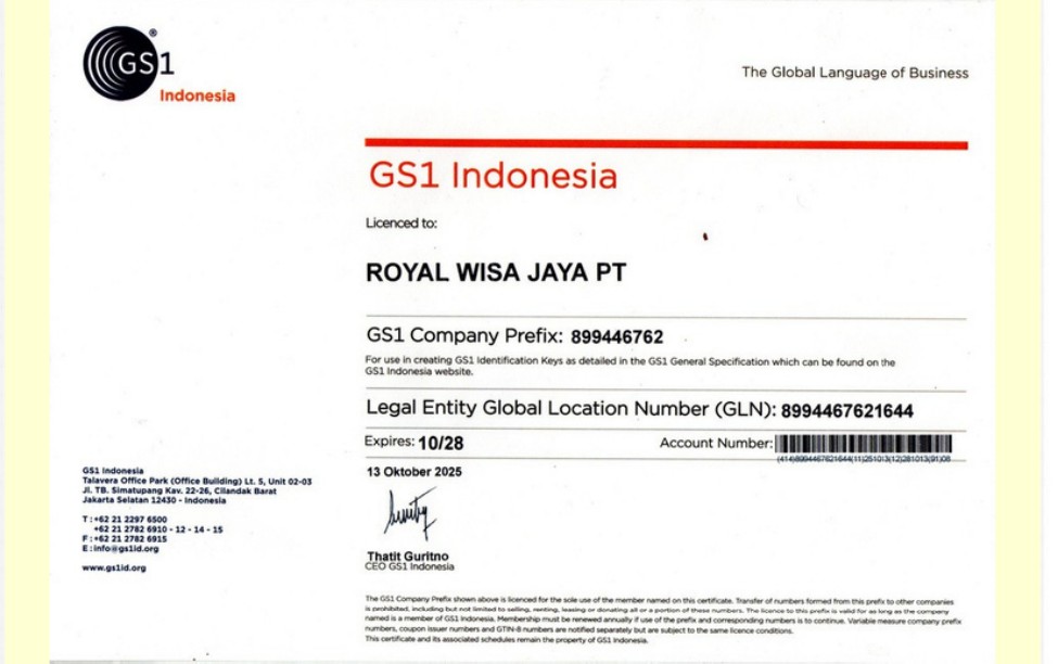 Sertifikat lisensi barcode GS1 Indonesia