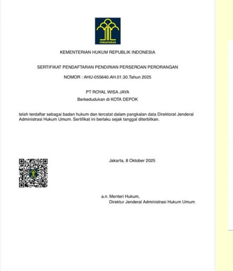 Sertifikat pendirian perseroan dari Kementerian Hukum RI